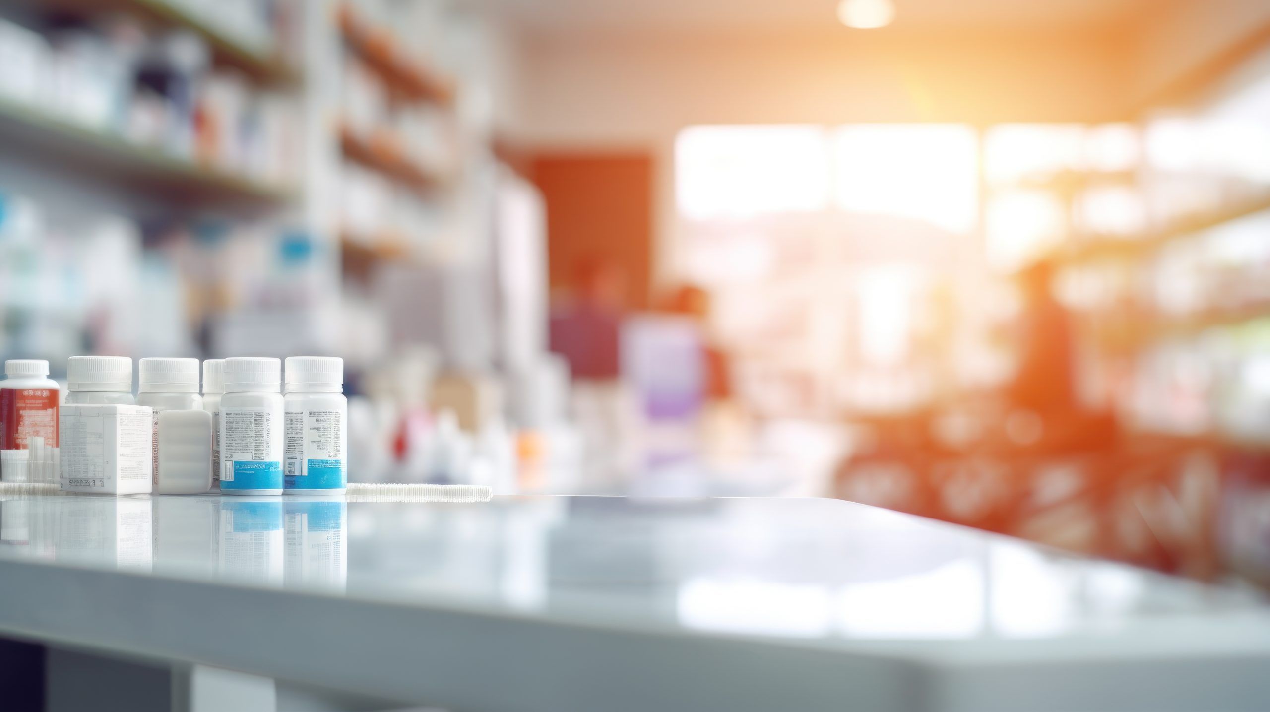 fotografía difuminada del mostrador de la farmacia con botes de medicamentos encima