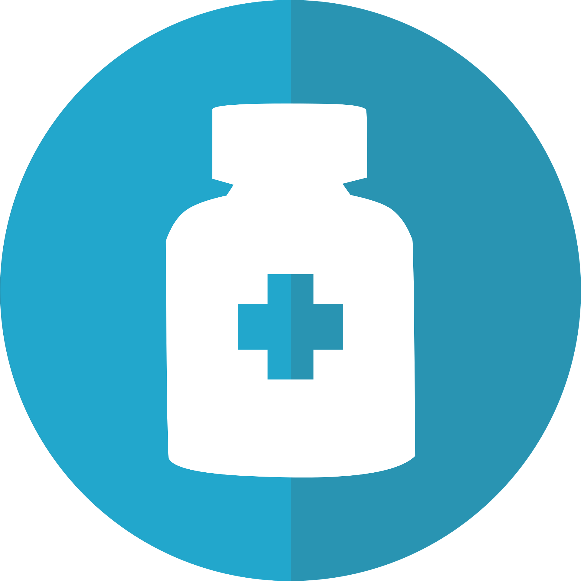 Icono circular azul con un bote blanco  con una cruz que representa a la farmacia