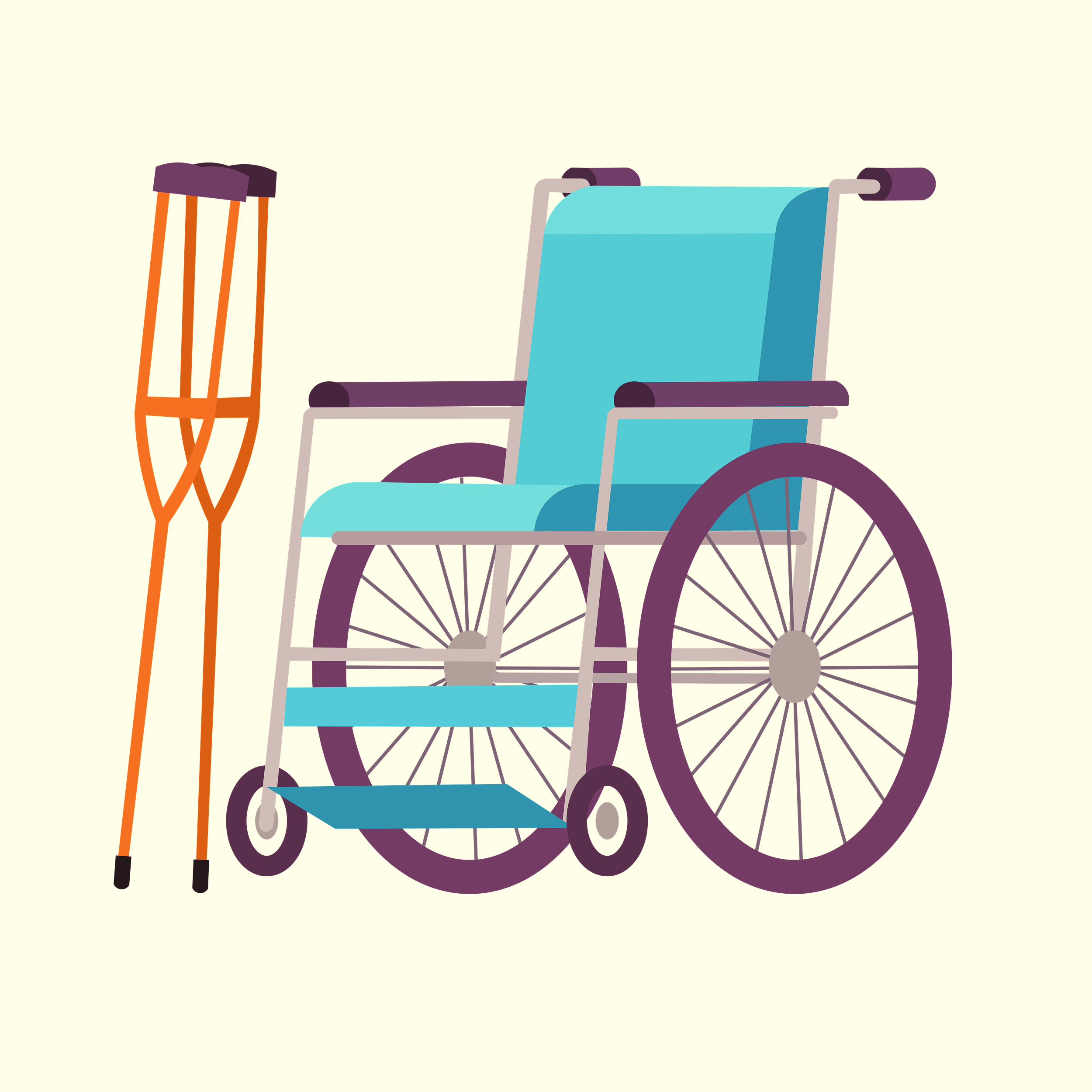 icono con una silla de ruedas azul y unas muletas naranjas que representa a la ortopedia